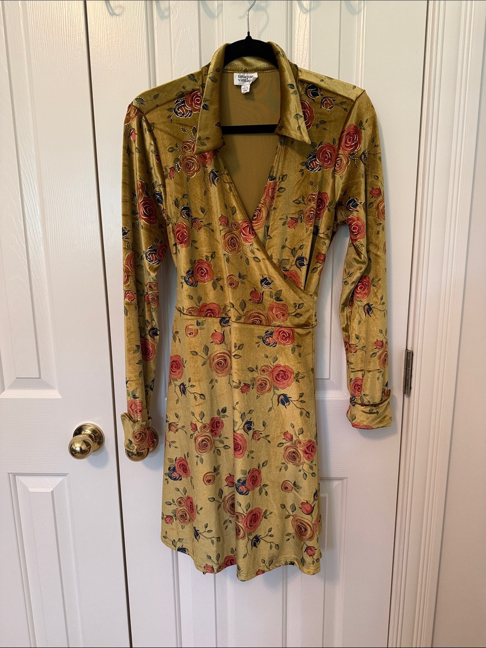 Unique Vintage Chartreuse Floral Velvet Wrap Dress
